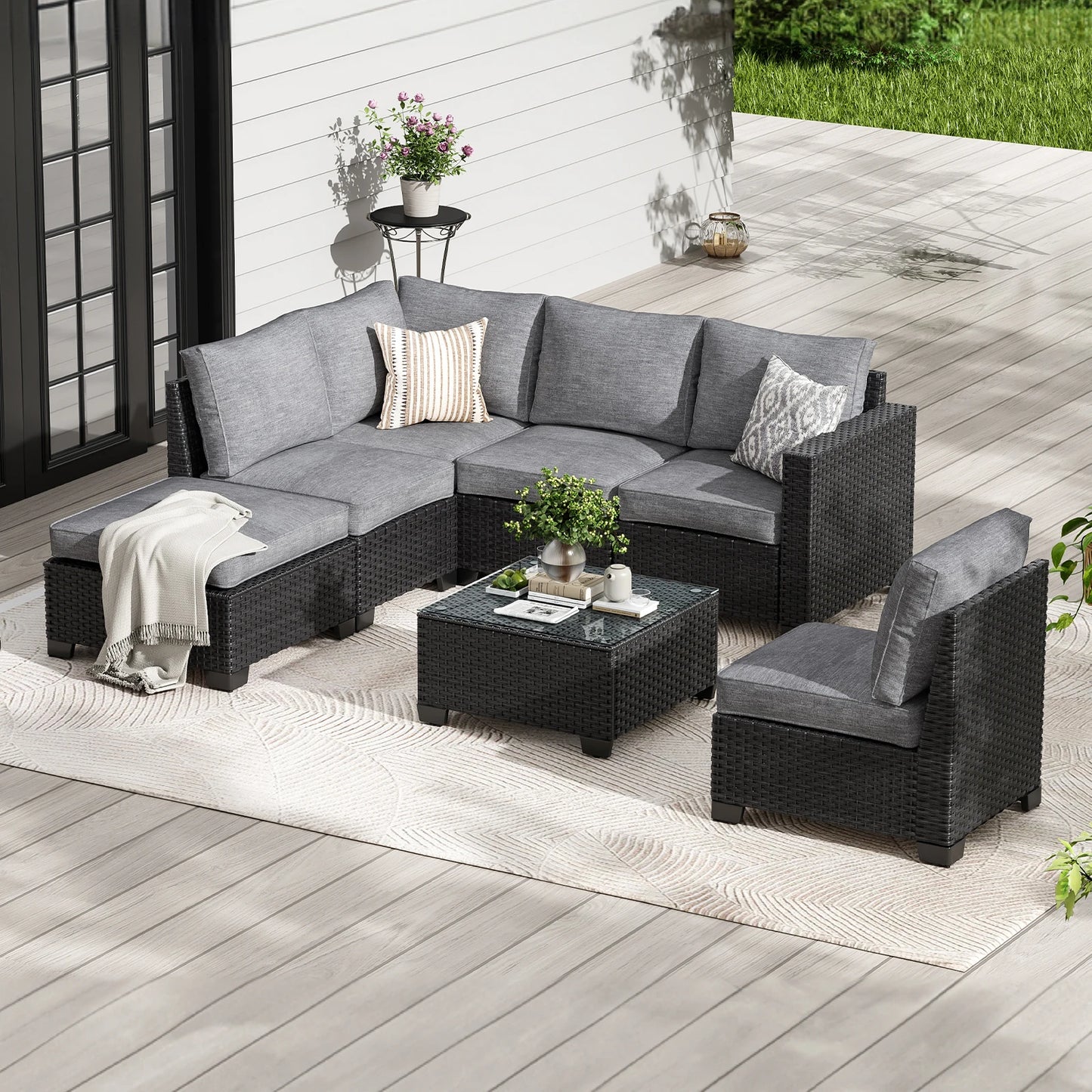 Patio Sectional Sofa Set with Ottoman, Water/Oil/Stain-Resistant Fabric