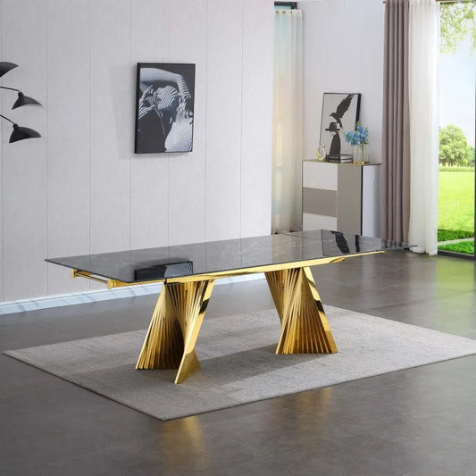 Dining Table with Black Marble Top & Tempered Glass