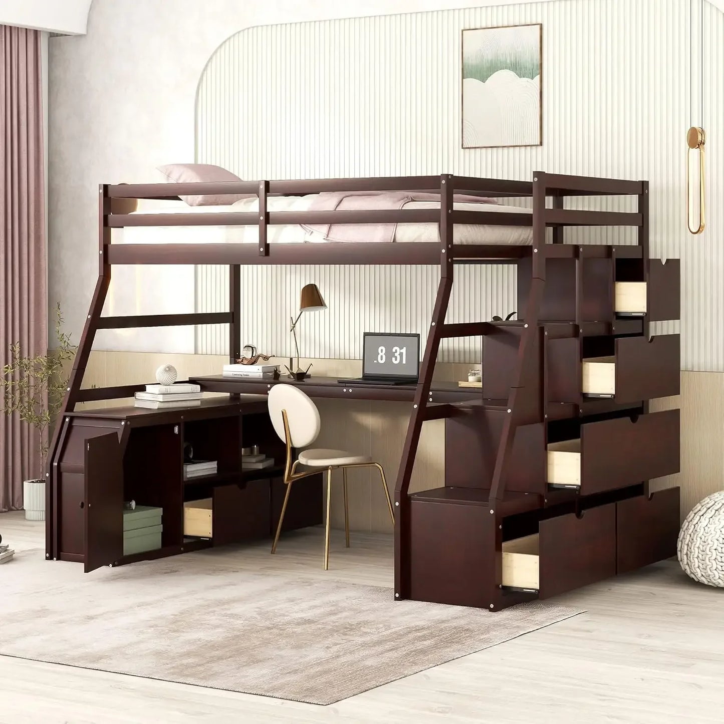 Twin Size Loft Bed with Desk And Storage underneath