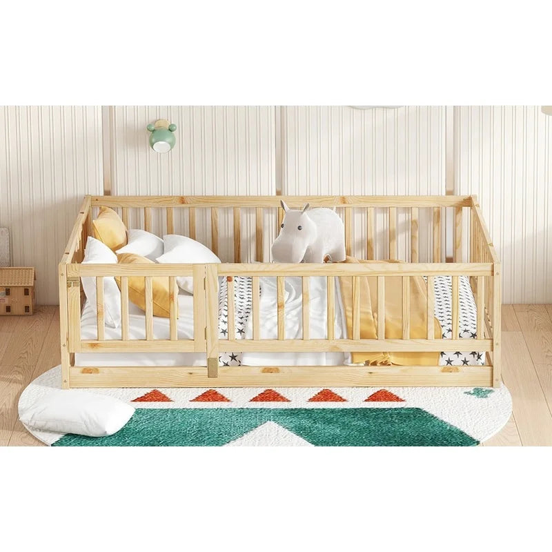Montessori Floor Bed with Slats with Fence and Door