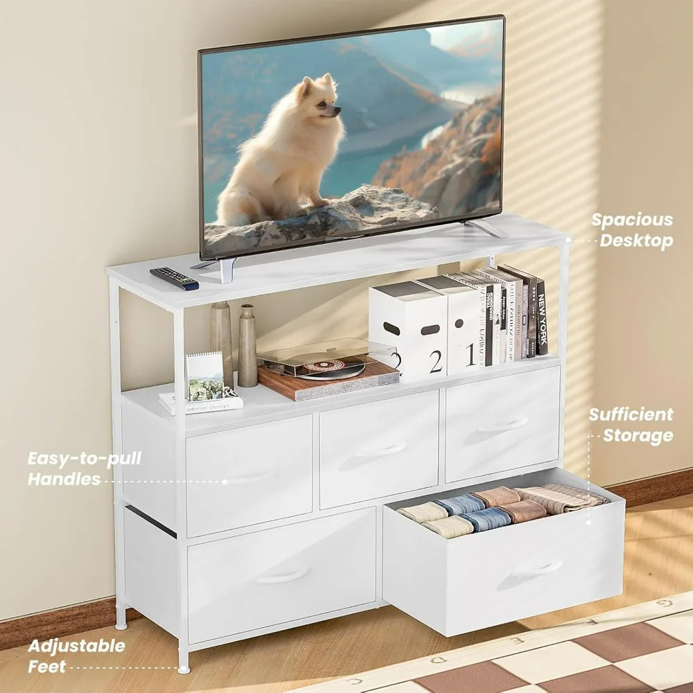 TV Stand Dresser with 5 Fabric Storage Drawers Media Console