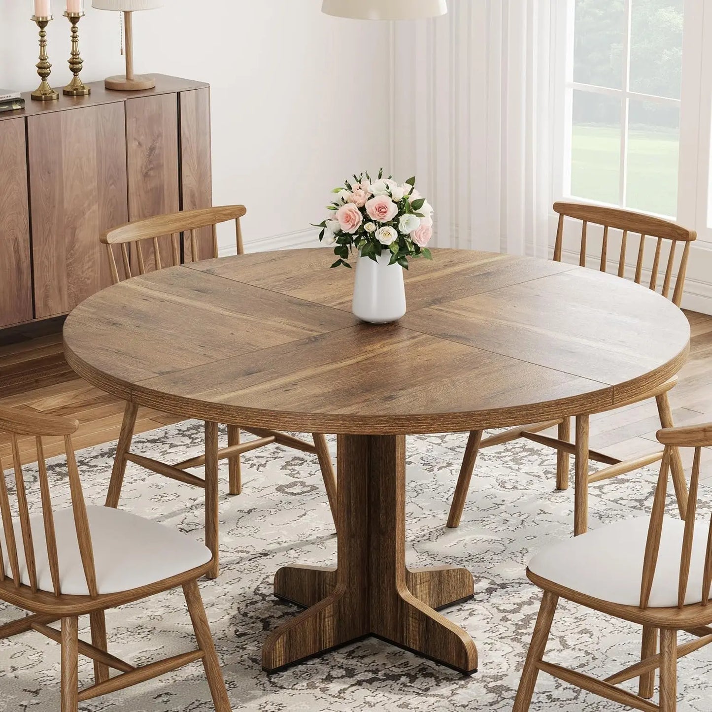 Farmhouse Round Dining Table with Tabletop and Stable Base
