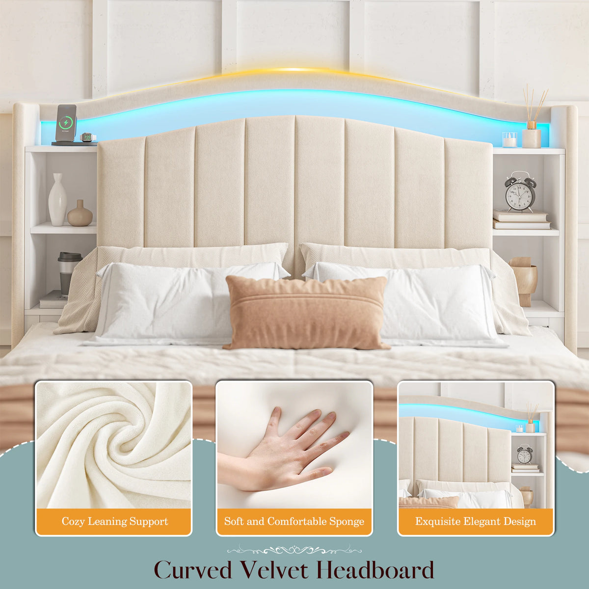 Bed Frame with Bookcase Headboard & Hidden-Cubby