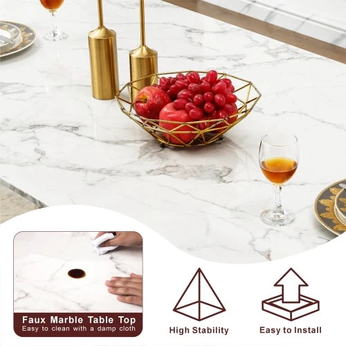 Rectangle Faux Marble Dining Table with Mirrored Finish Stainless Steel Base