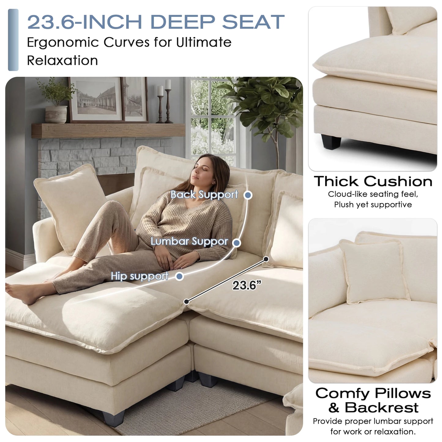 Modular Sectional Sofa with Ottoman, Comfy Cloud Couch with Deep Seat