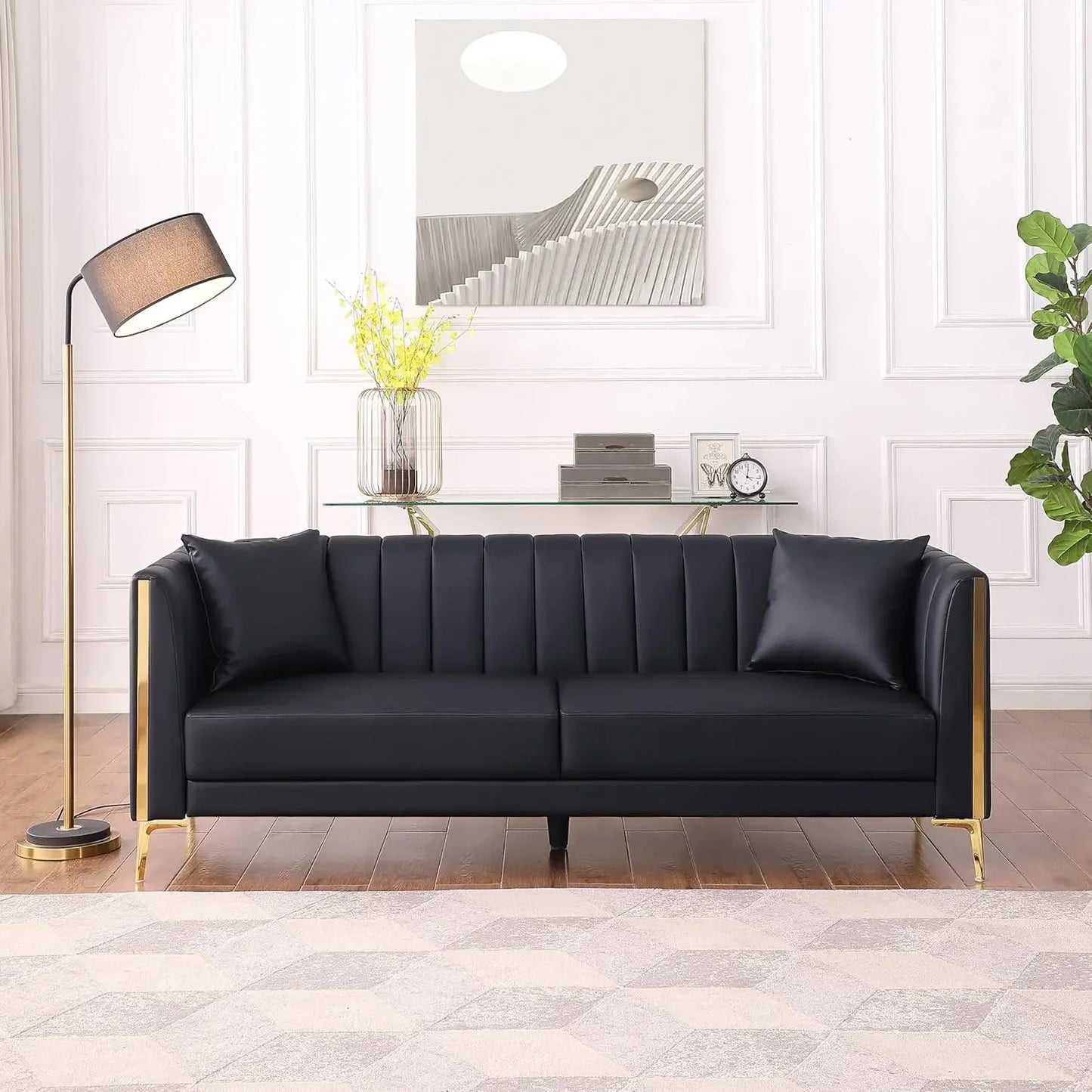 Comfy Faux Leather Sofa with 3 Sitter Sofa with 2 Throw Pillows and Gold Met
