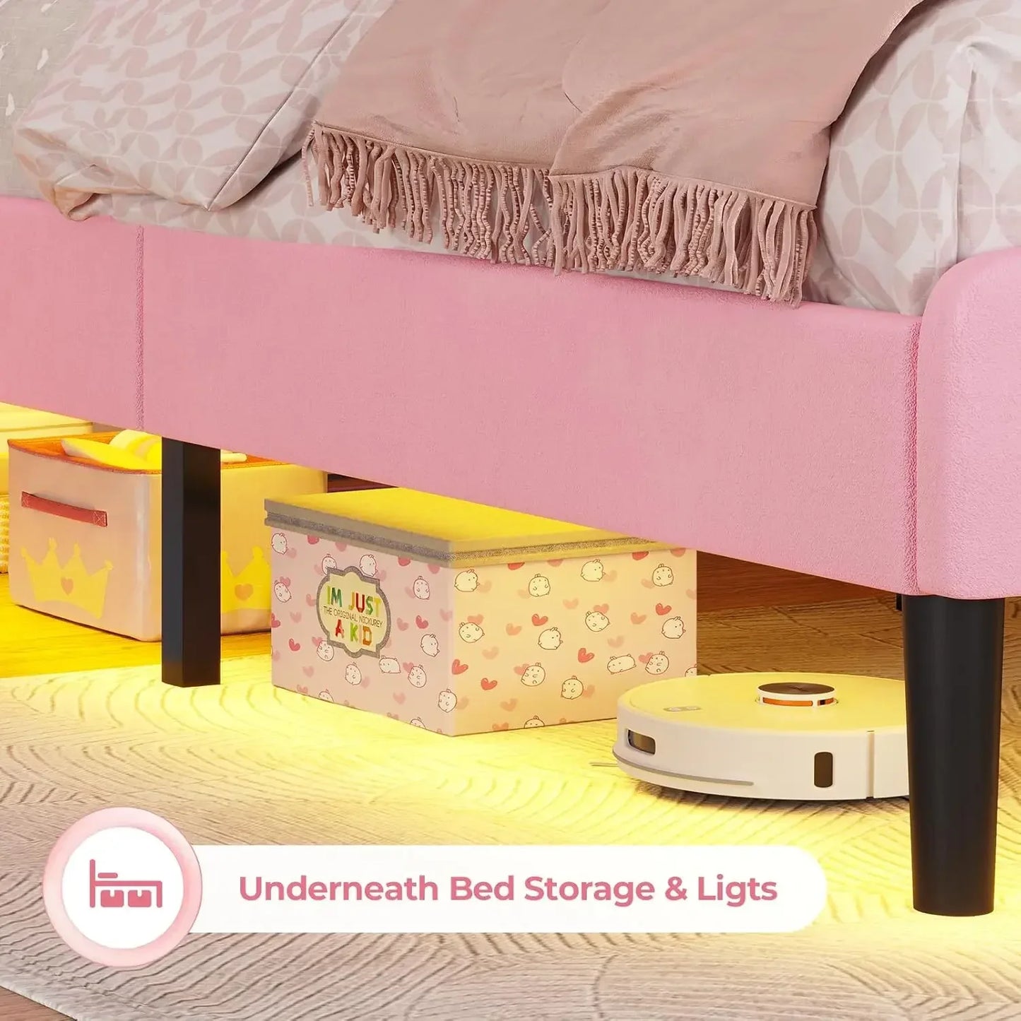 Princess Bed Frame with LED Lights and Adjustable Chic Double Shell Headboard