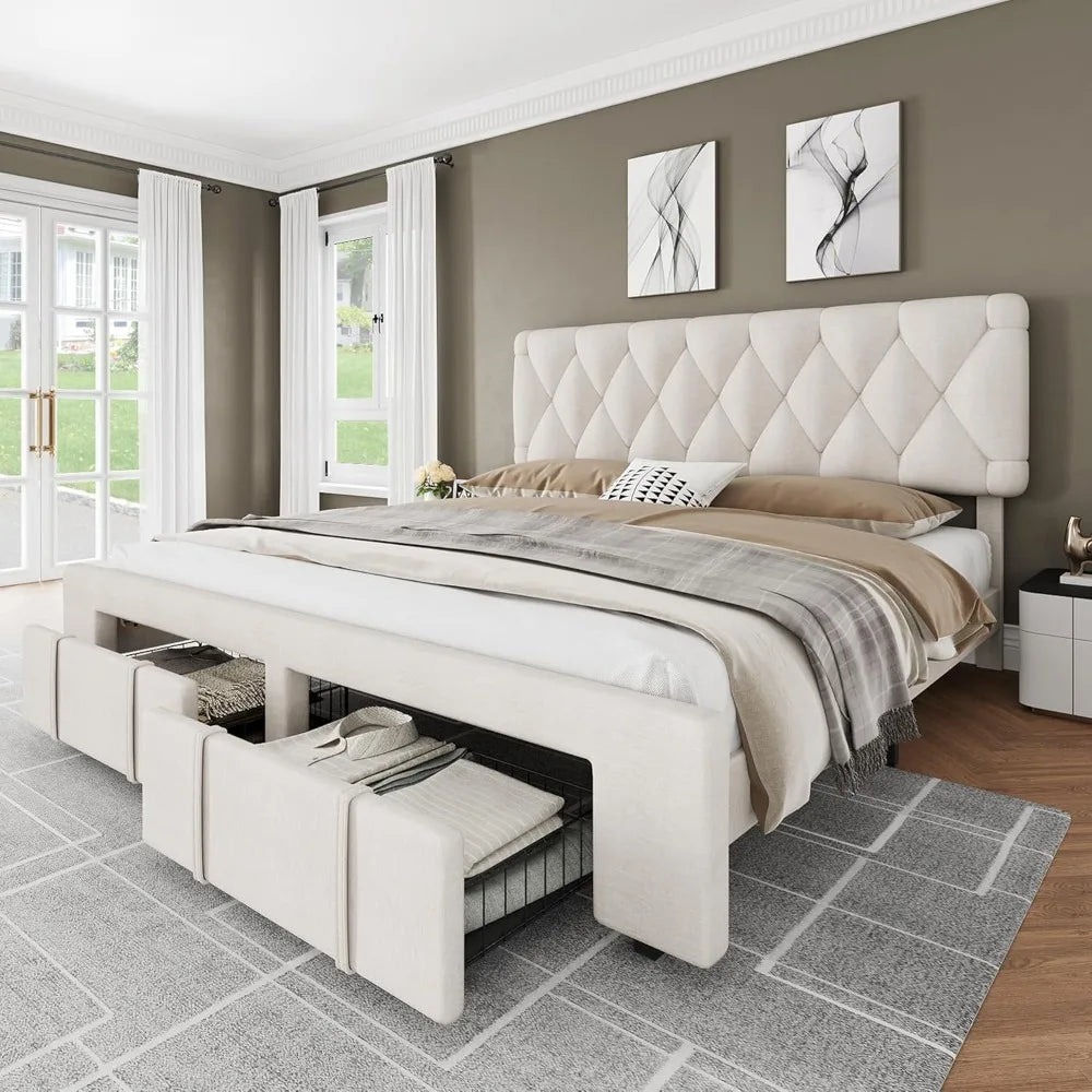 Mattress Foundation with Solid Wooden Slats Support with Storage Drawers