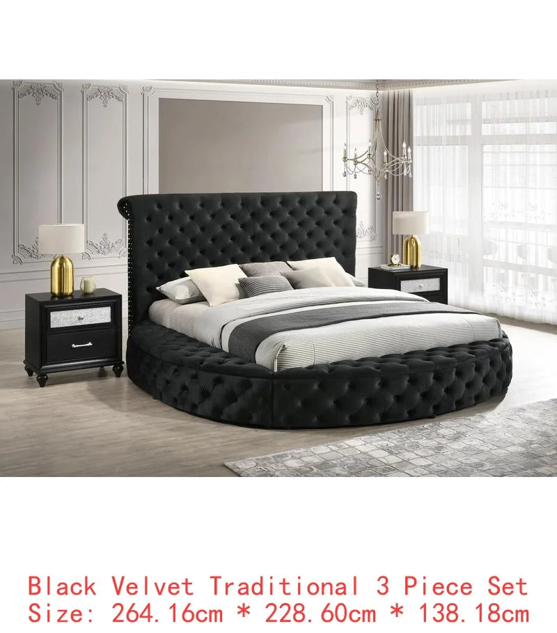 Black Velvet Button-Tufted Storage Bed with 2 Nightstands