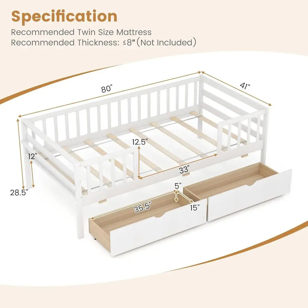 Twin Bed with Side Rails & 2 Pull-Out Drawers