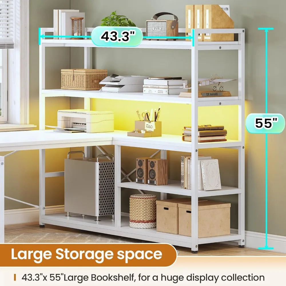 Desk with Storage Shelves and LED Lights for L-Shaped Office Setup