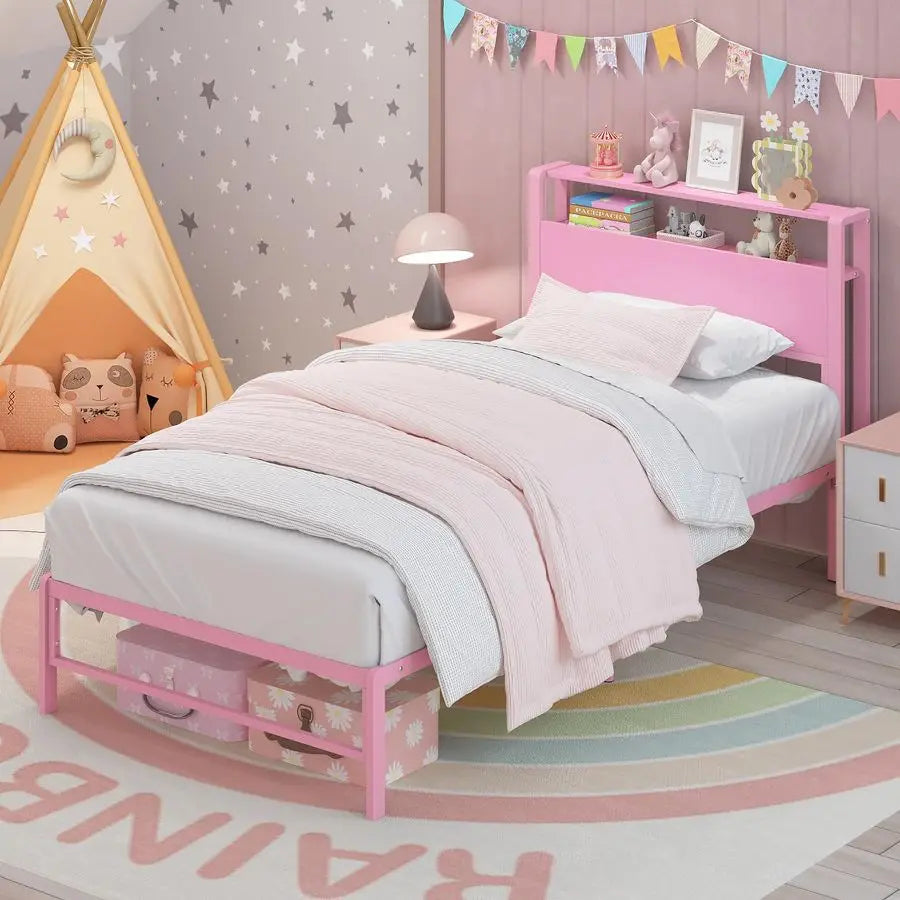 Twin Bed Frames for Kids with Storage Shelves Headboard