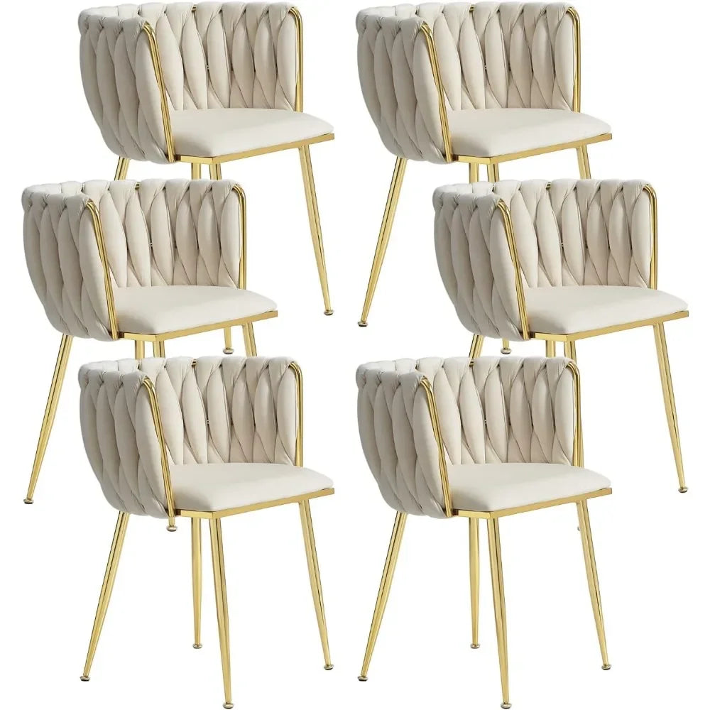 Dining Room Woven Velvet Upholstered Chairs with Golden Metal Legs