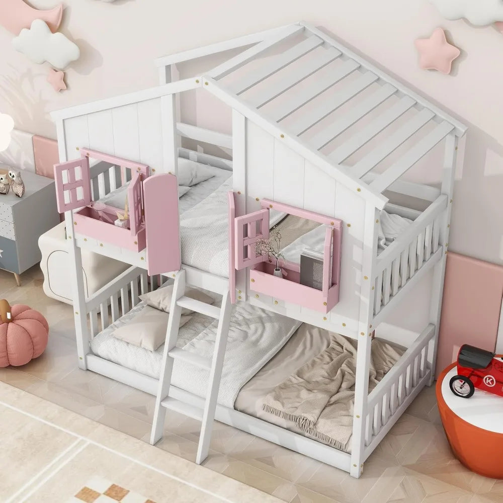 Floor House Bunk Bed with Low Bunker Bed Twin Over Twin