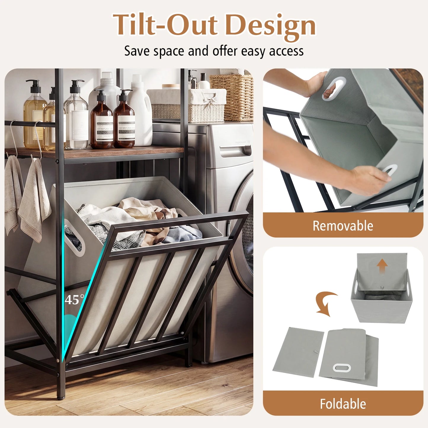 Laundry Hamper w/ Tilt-out Basket w/ 4 Hooks & Removable Bag