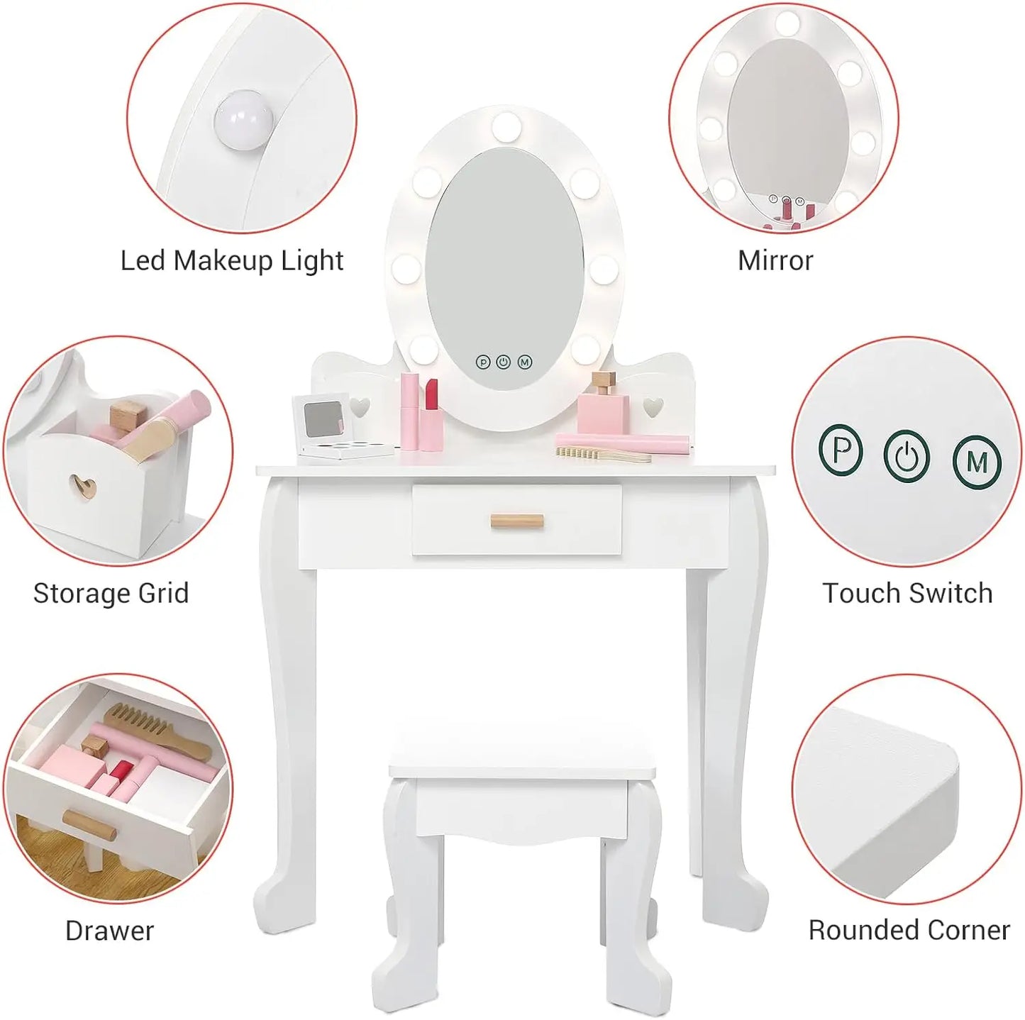 Vanity Set with Mirror Lights & Wood Makeup Playset