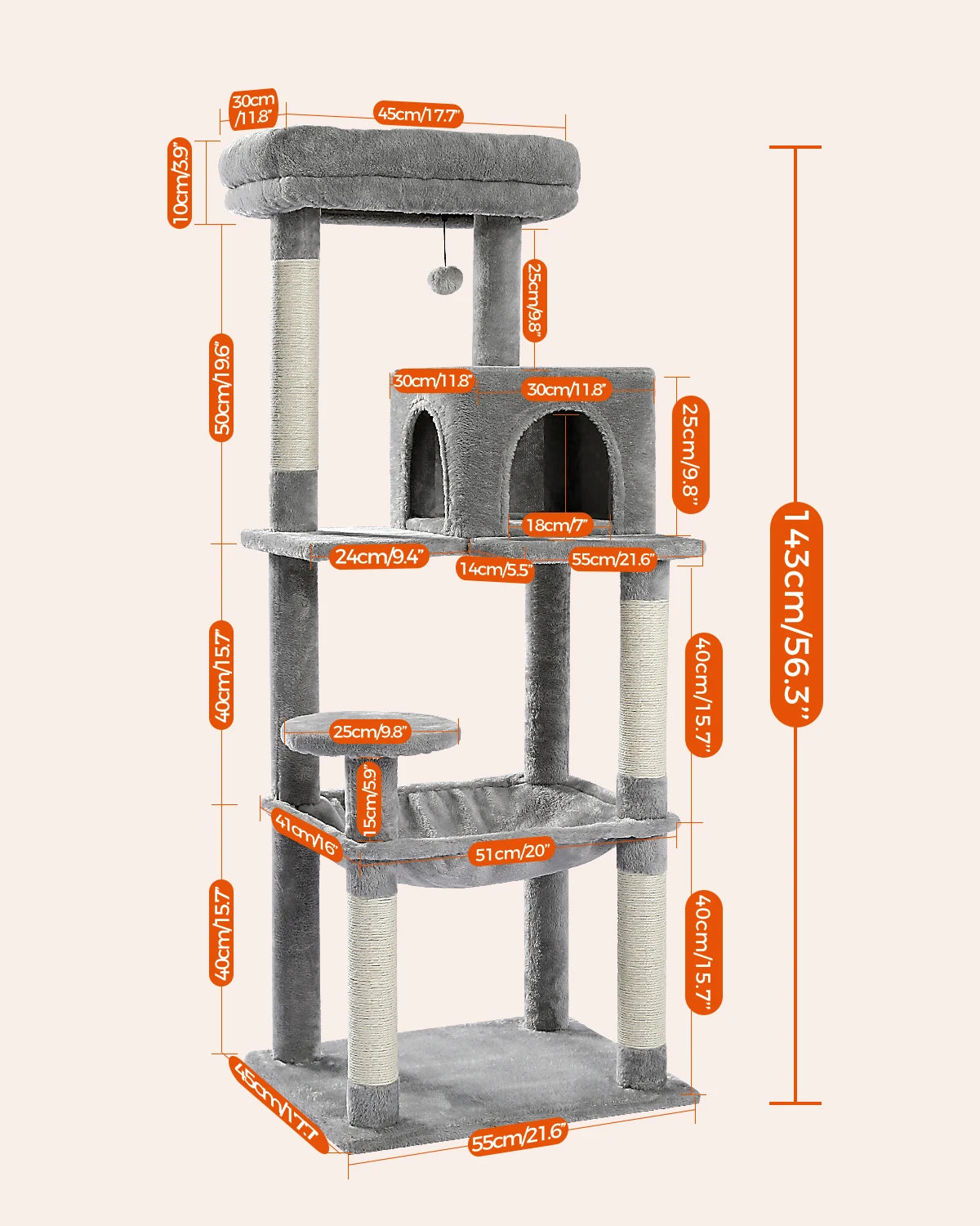 5-Level Cat Tower for Large Cats with Large Hammock