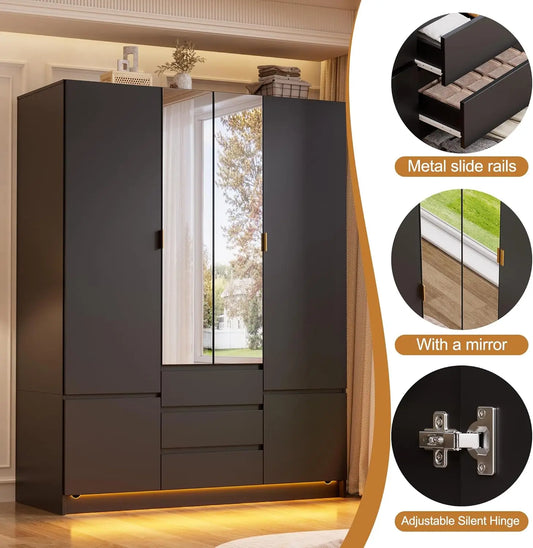 Wardrobe Closet with Led Light & Mirror,