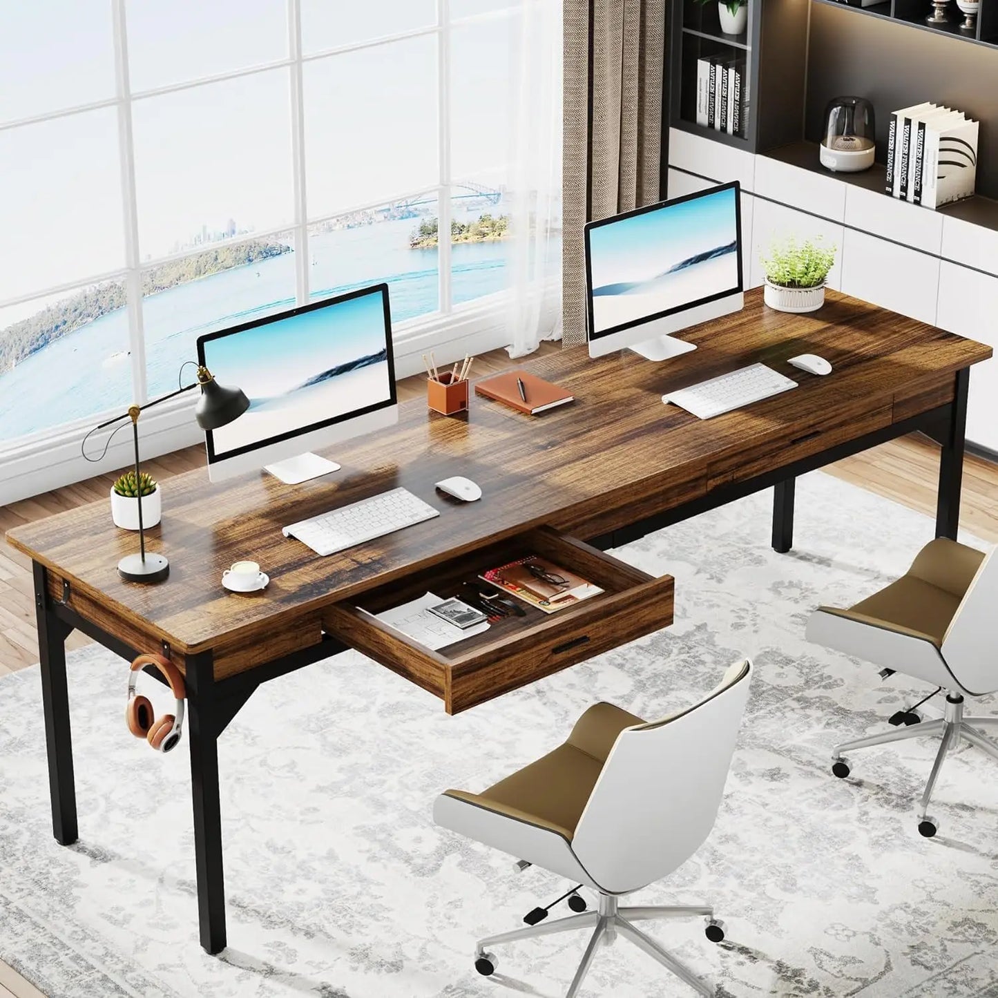 Computer Desk - Double Long Desk with Drawers