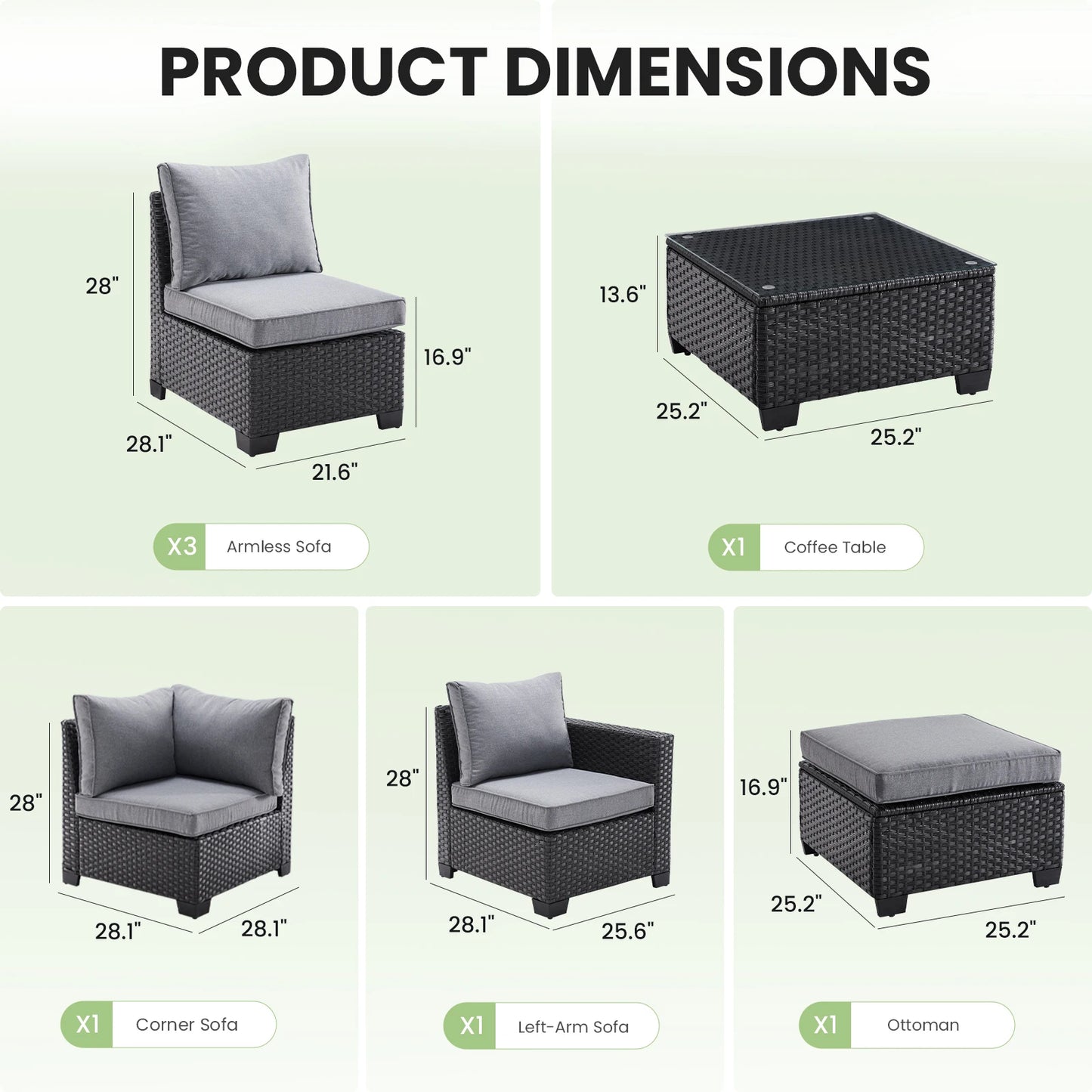 Patio Sectional Sofa Set with Ottoman, Water/Oil/Stain-Resistant Fabric