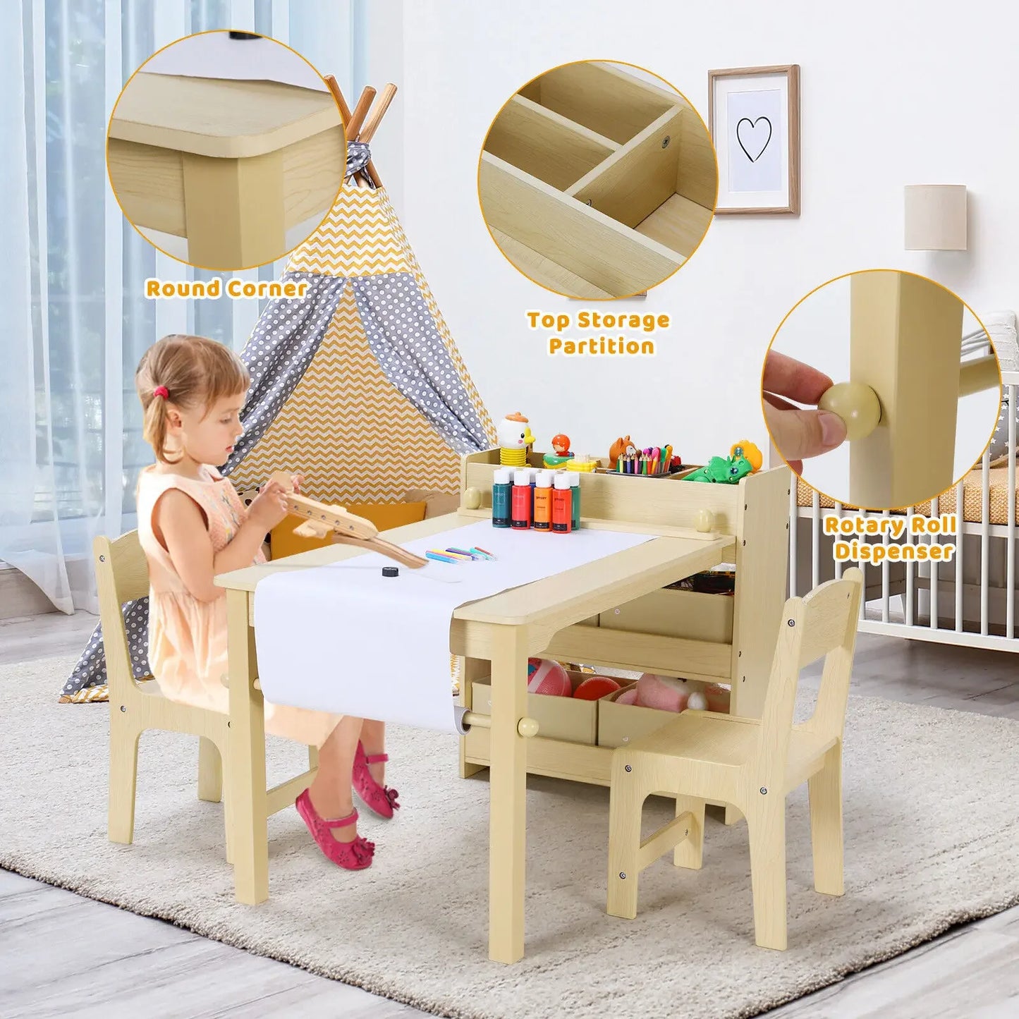 Craft Table with Storage Shelves, Canvas Bins and Paper Roll