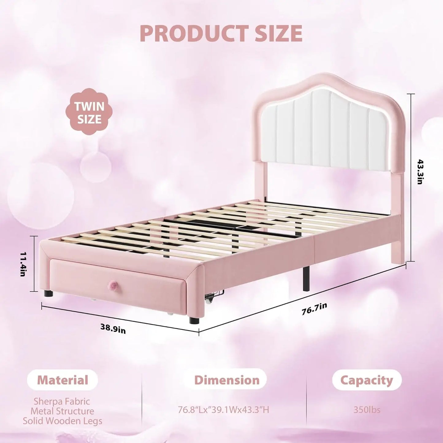 Modern Princess Style Upholstered Bed Frame with LED Crown Headboard