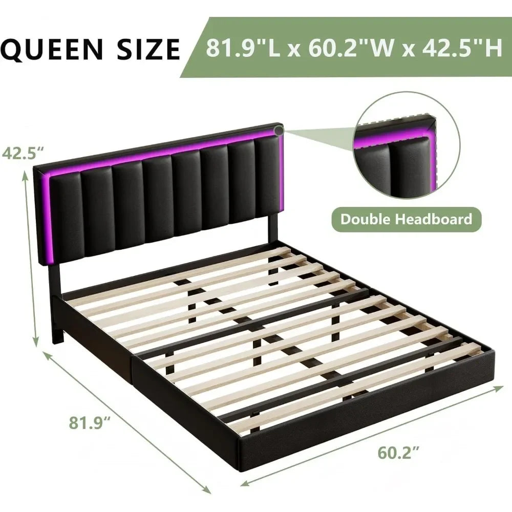 Floating Bed Frame with Headboard Upholstered with LED Lights