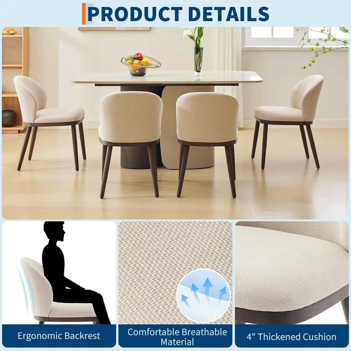 Modern Upholstered Dining Chairs with Ergonomic Back Support and Wood Legs
