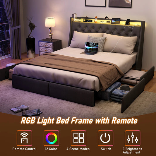 Upholstered Headboard & Bed Frame with 4 Storage Drawers and LED Lights