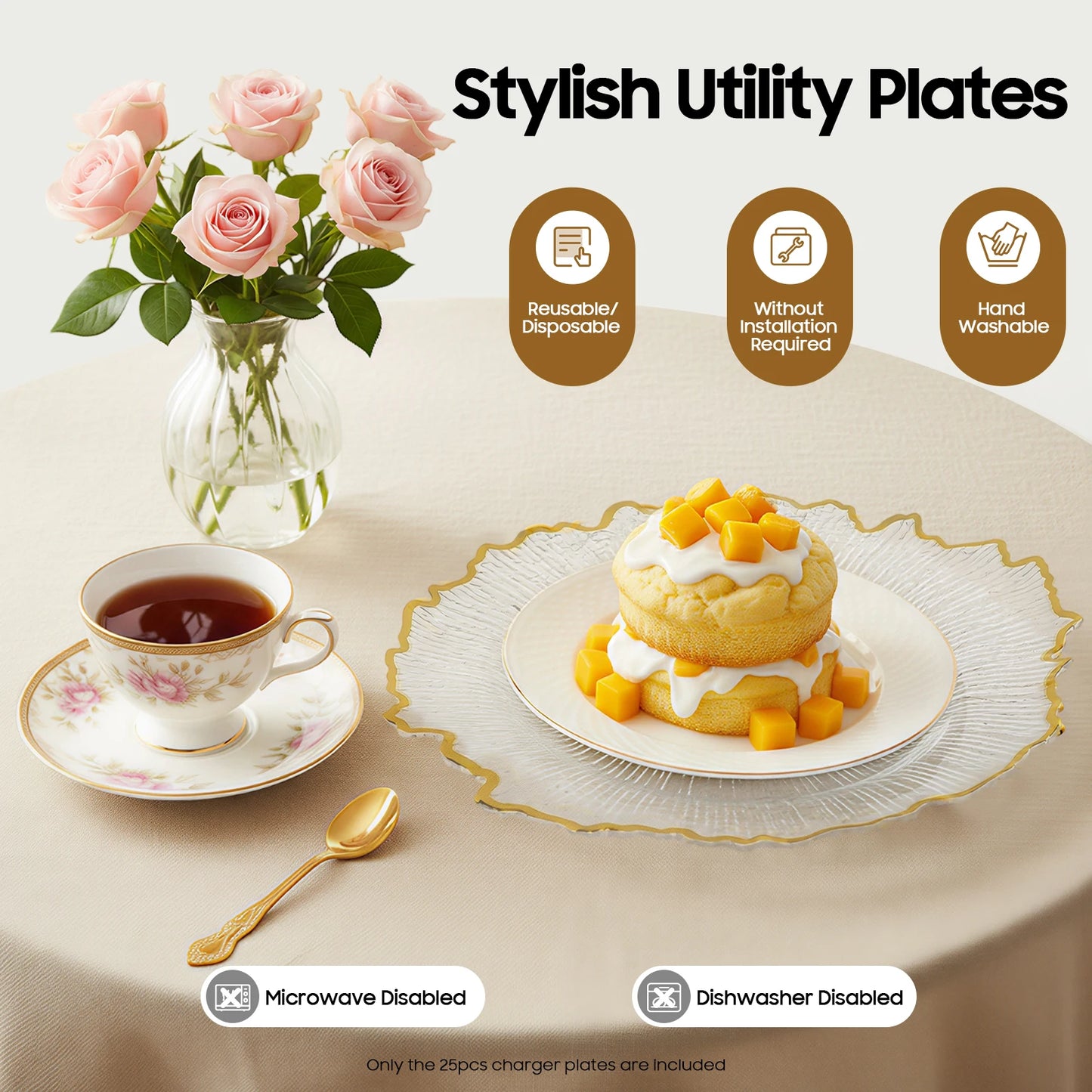 Serving Charger Plates with Gold Rim Transparent Plastic Set
