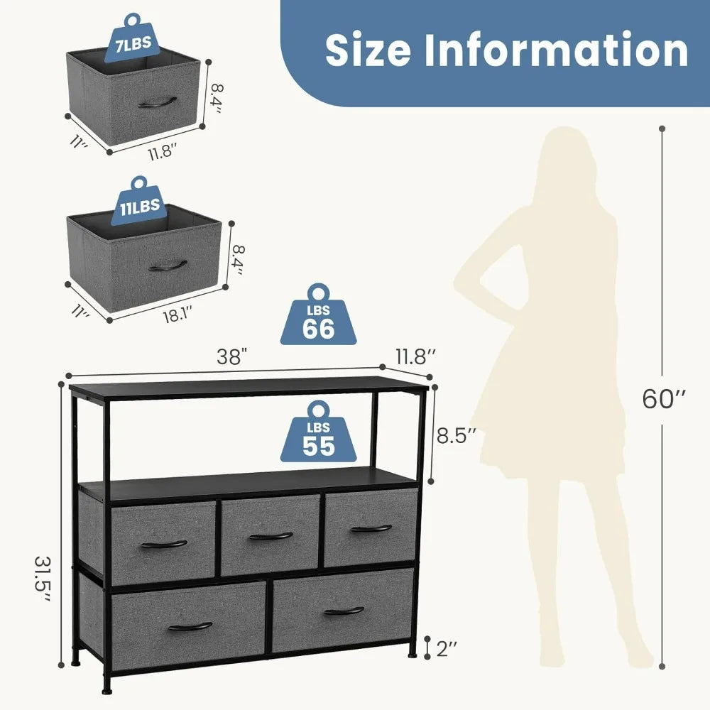 TV Stand Dresser with 5 Fabric Storage Drawers Media Console