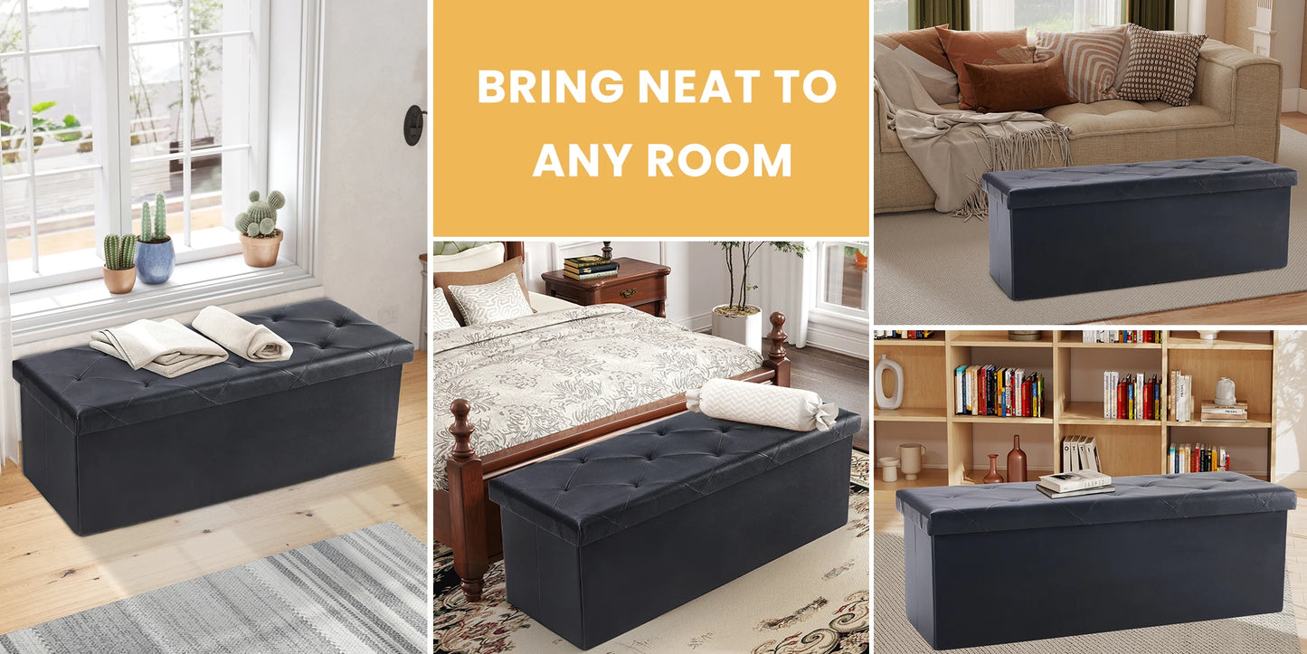 Leather Folding Ottoman Storage Footstool Bench