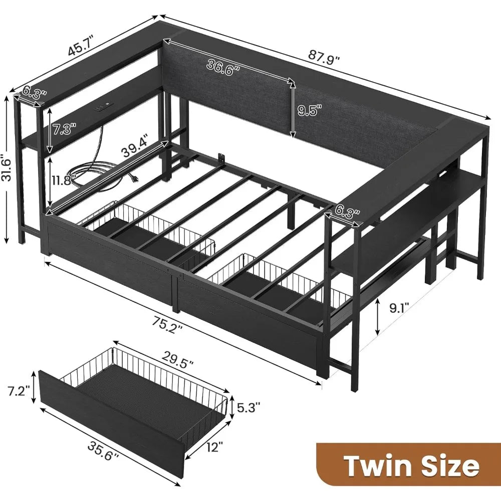 Twin Daybed with Storage Bookcase and Drawers