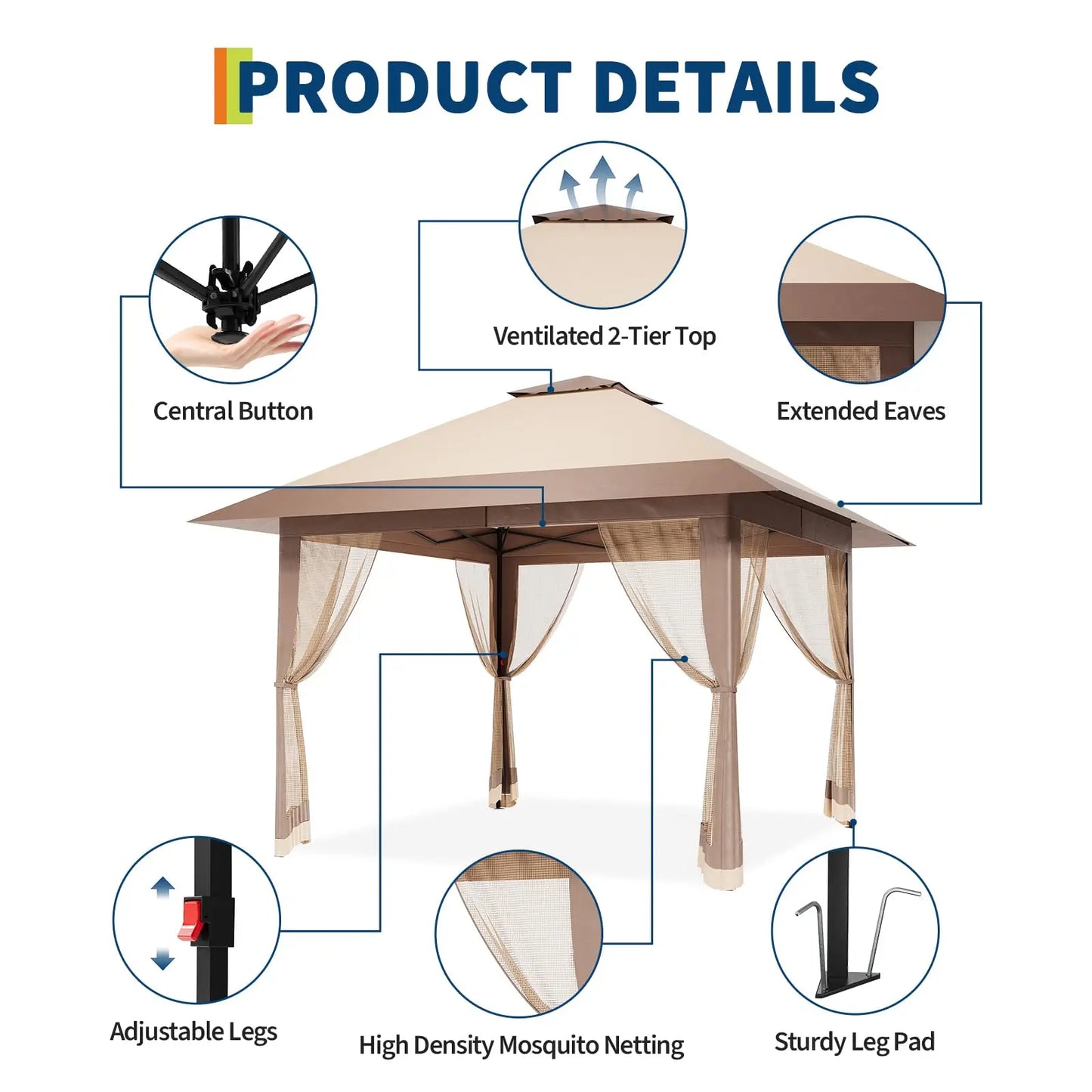 Pop-Up Gazebo Canopy with Mosquito Netting, One-Push Setup and Height Adjustable