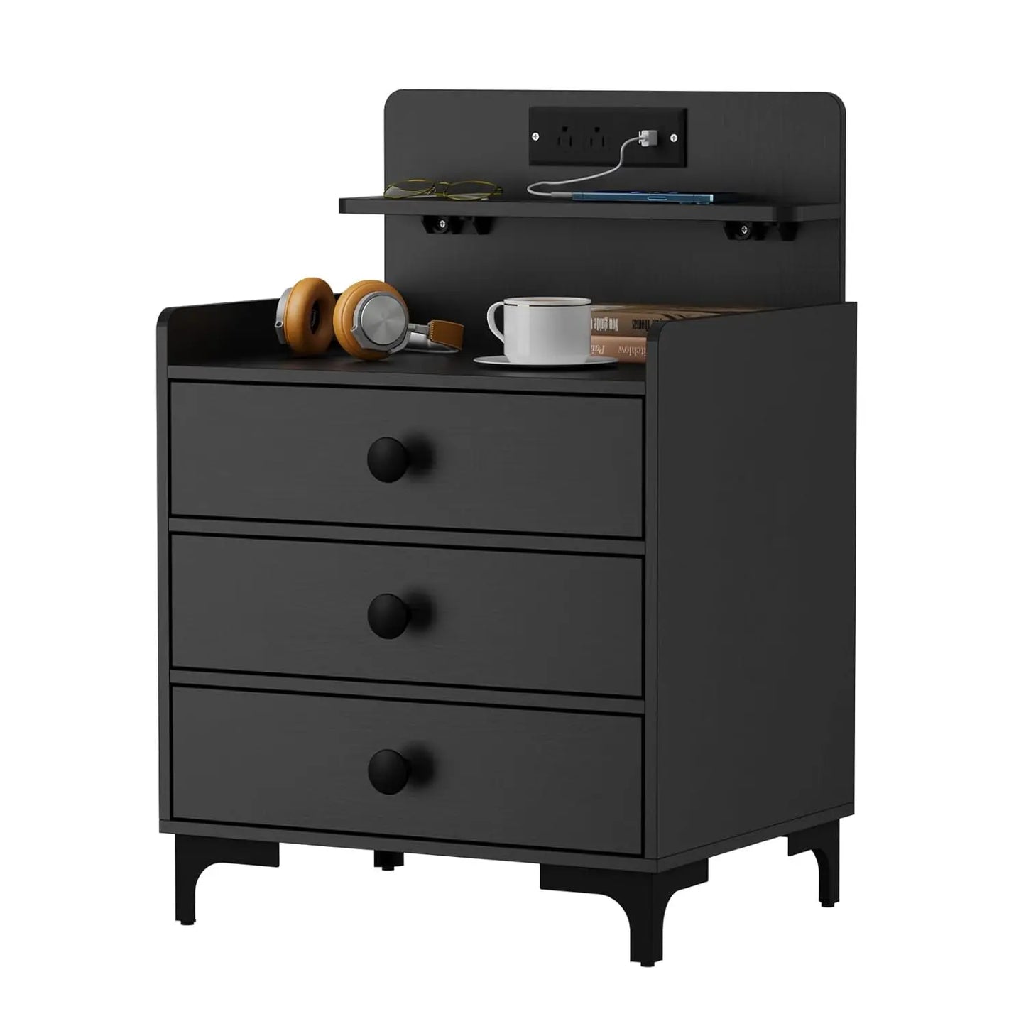 Nightstand With Charging Station, USB Ports and Open Storage Shelf