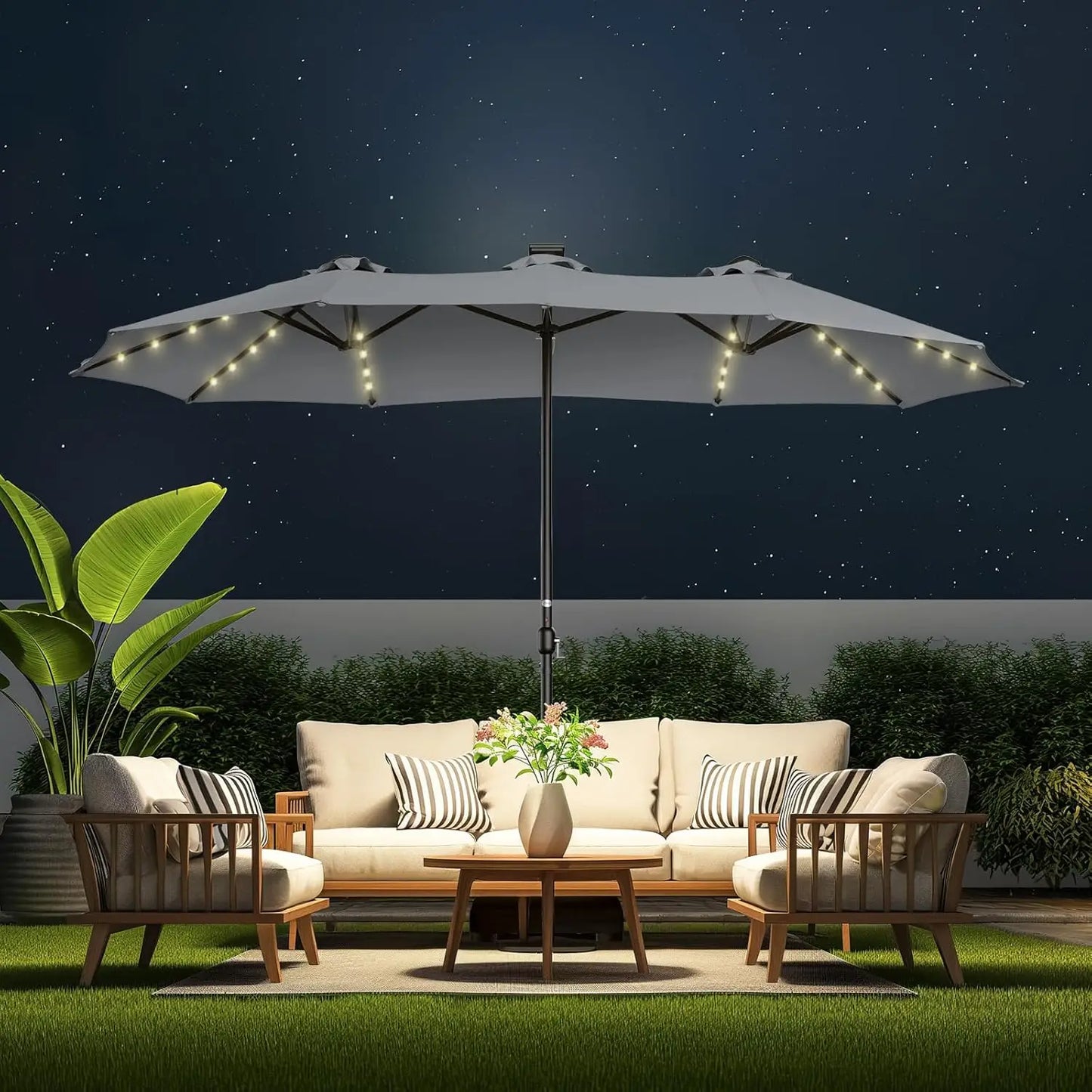 Double Sided Patio Umbrellas with Solar Lights LED Lighted
