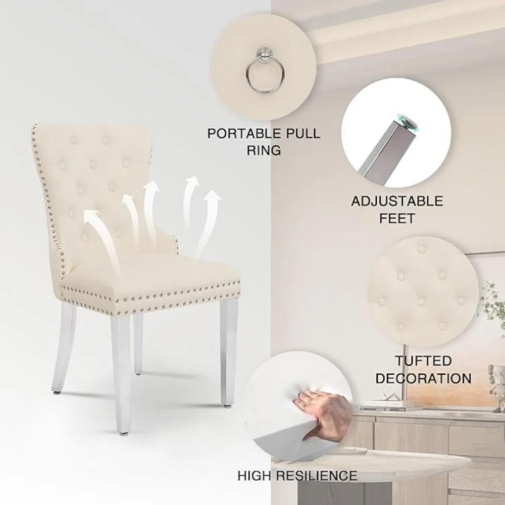 Tufted Upholstered Velvet Dining Chairs with Pull Ring and Stainless Steel Legs