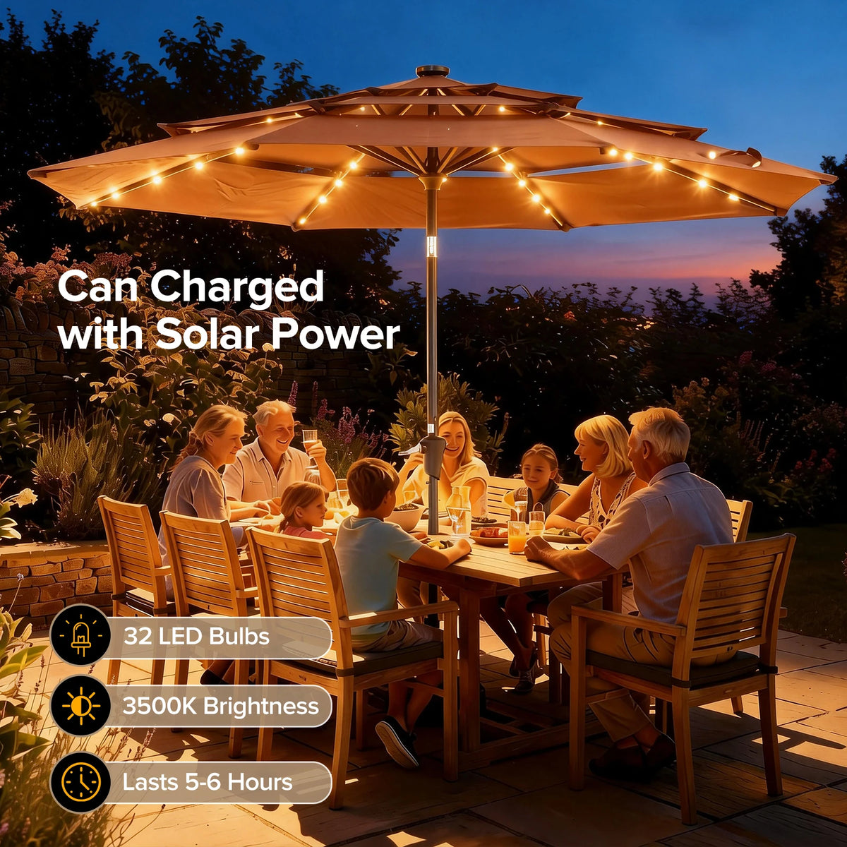 LED Lights Crank 8 Sturdy Ribs Patio Umbrella