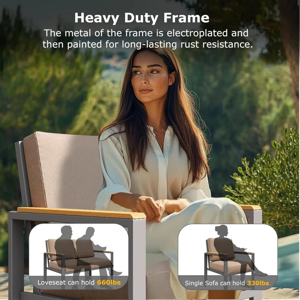 Outdoor Patio Furniture Set with Cushions & Wood-Like Armrests