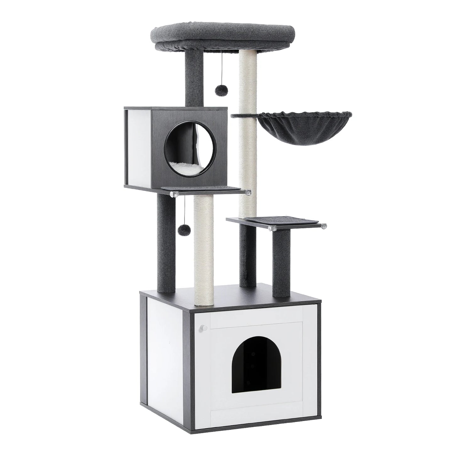 Cat Tree Tower Litter Box Wood Structure Storage with Hammock