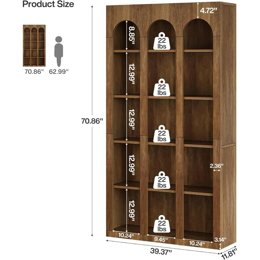Vintage 5-Tier Arched Bookshelf with Open Storage Shelves