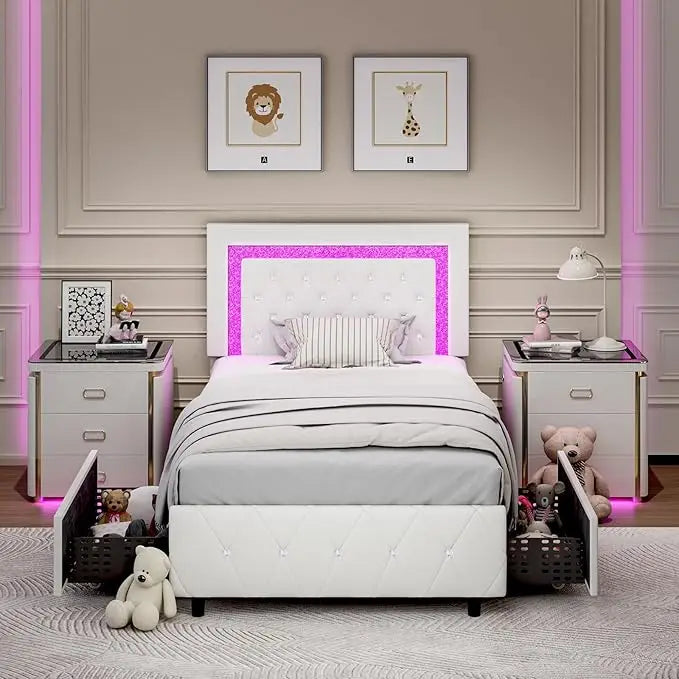 Twin Bed Frame with Storage Drawers & LED Lights