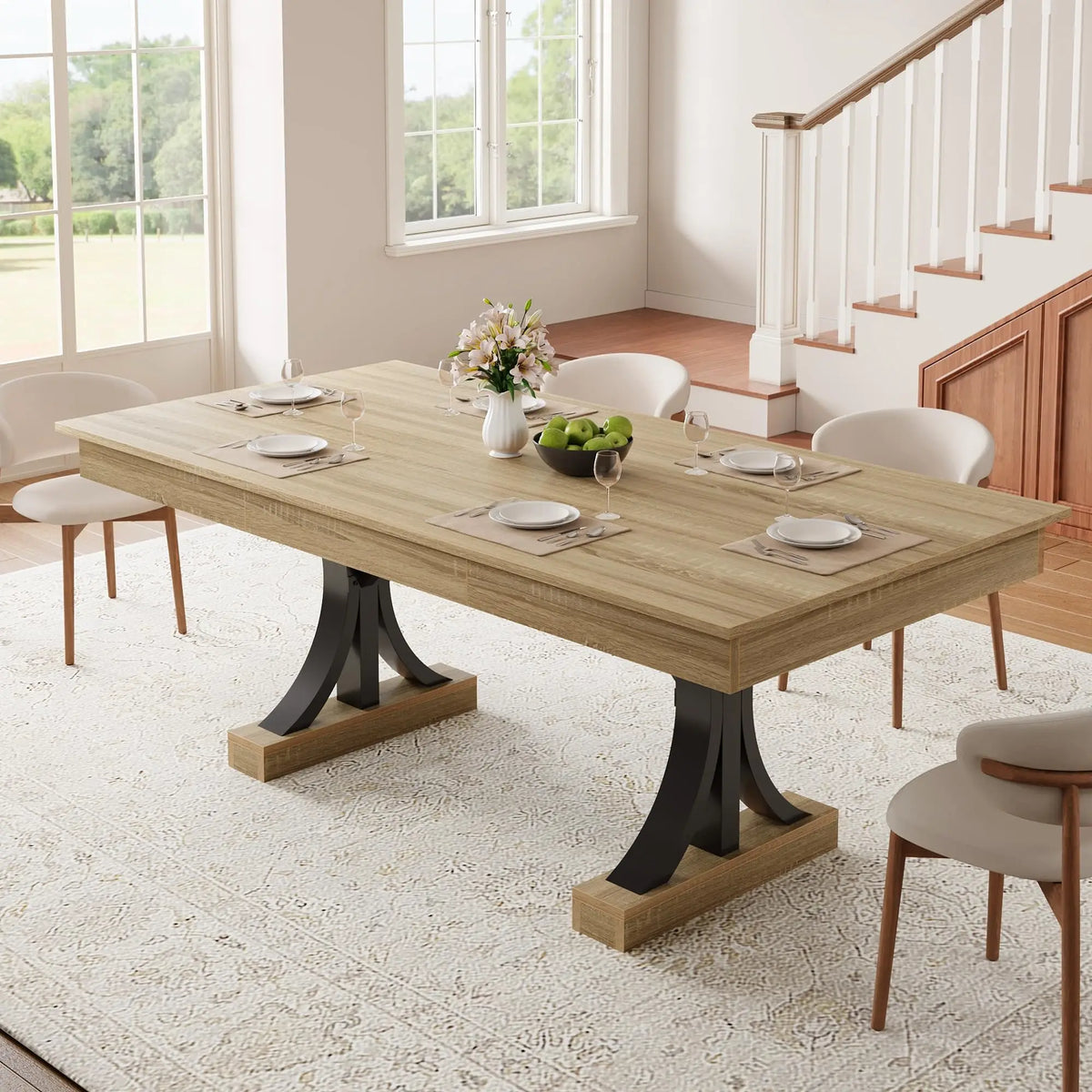 Industrial Double Pedestal Base Rectangular Wooden Table