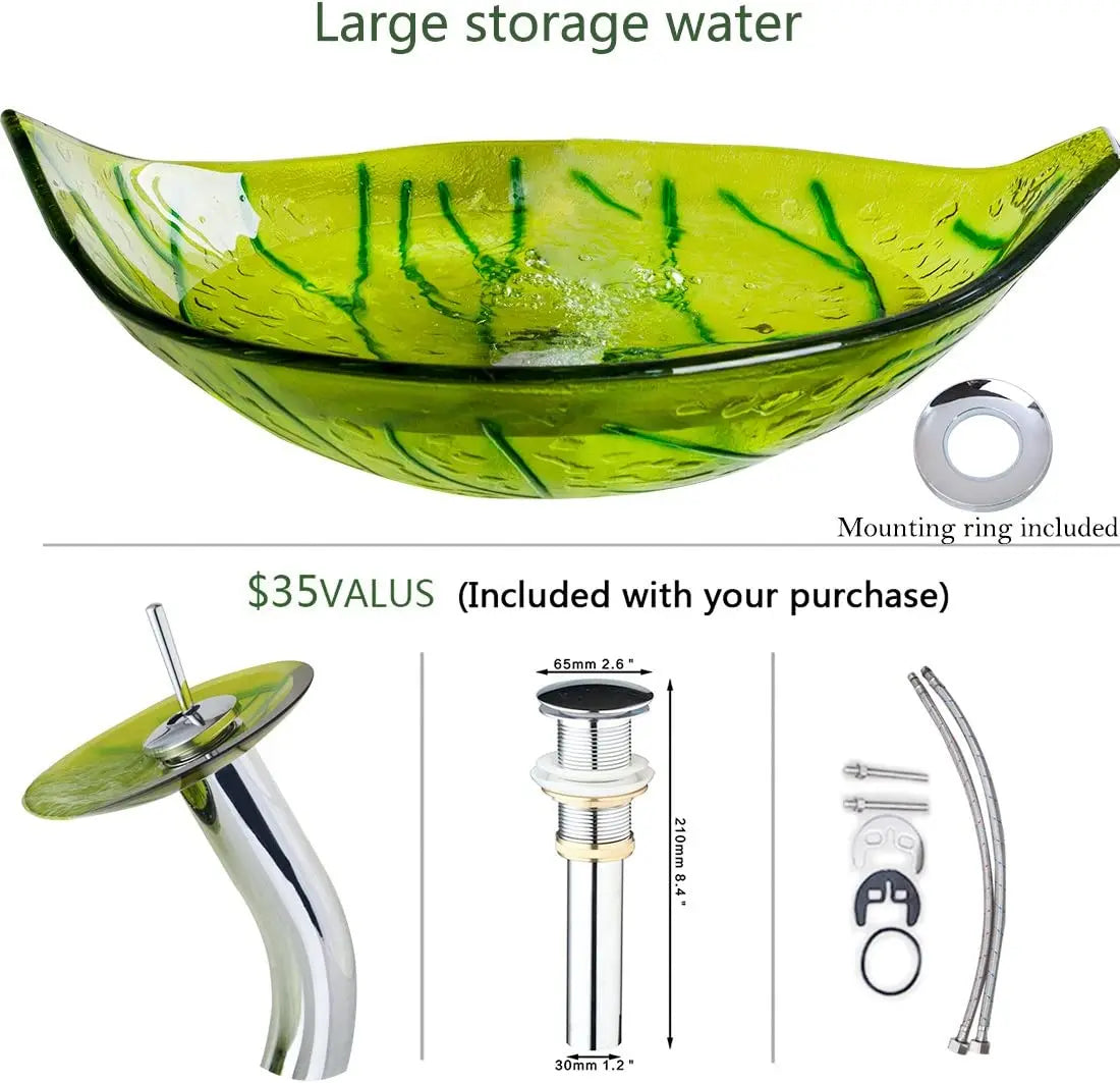 Art Bathroom Basin Faucet Sets Leaf style Tempered Glass Sink