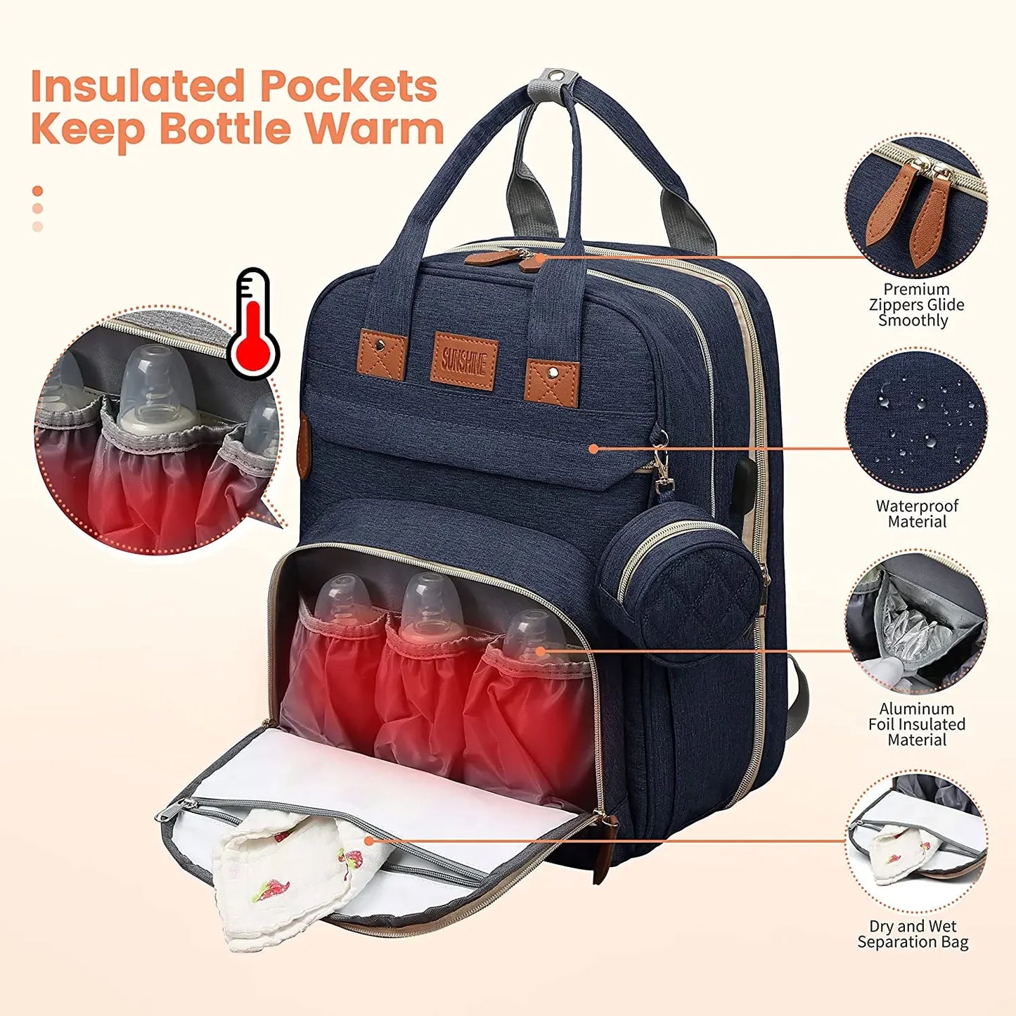 Diaper Bag Backpack with Foldable Baby Bed Waterproof