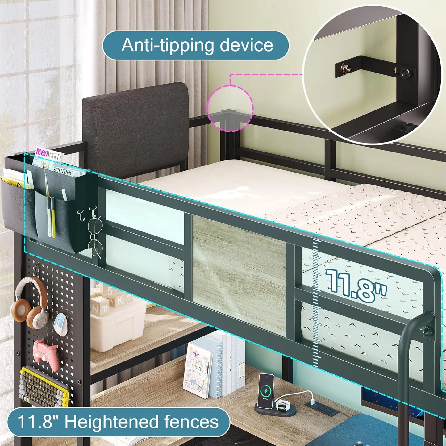 Loft Bed with Desk & RGB LED Lights and Charging Station