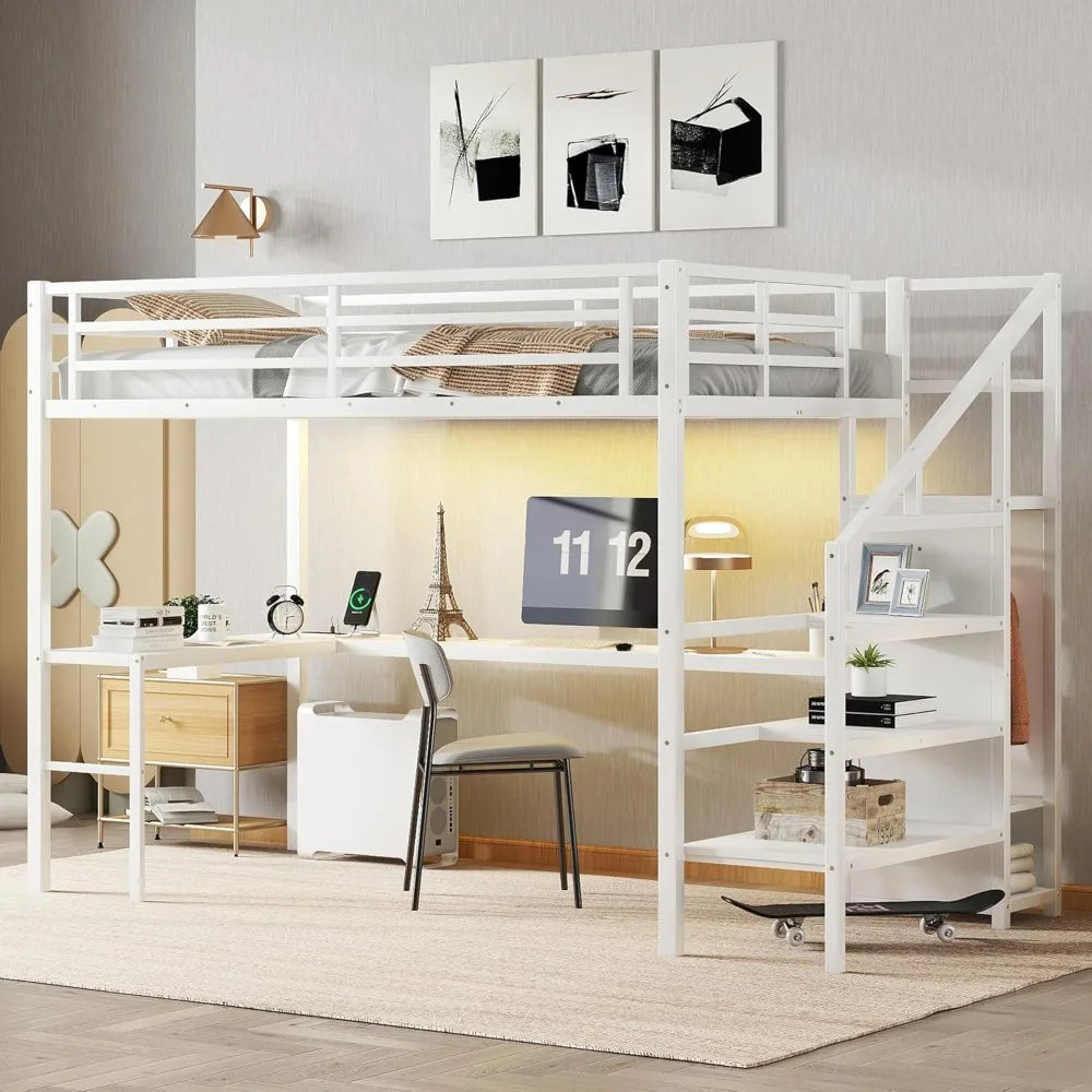Twin XL Loft Bed with Stairs and L-shaped Desk