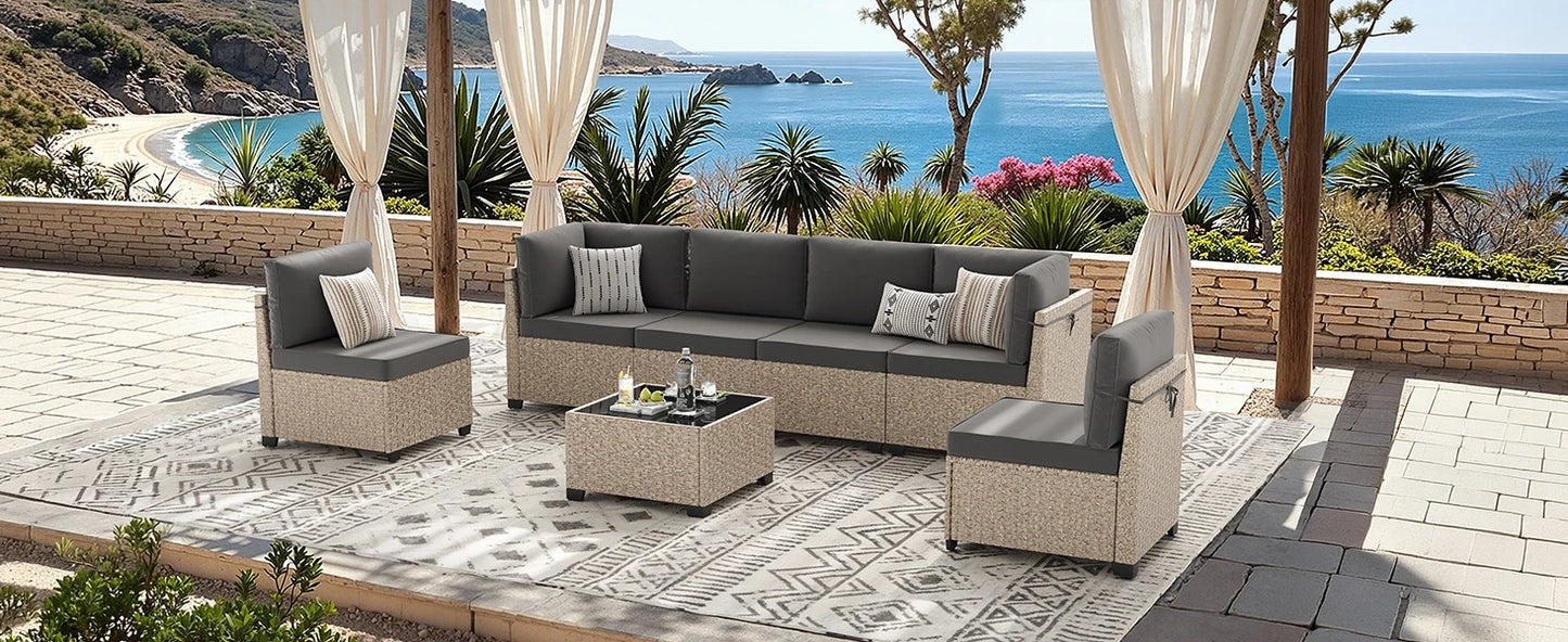 All-Weather Rattan Sectional Sofa with Tempered Glass Table