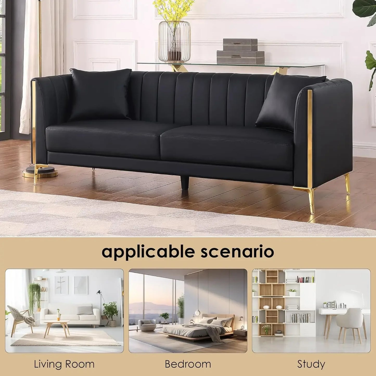 Comfy Faux Leather Sofa with 3 Sitter Sofa with 2 Throw Pillows and Gold Met