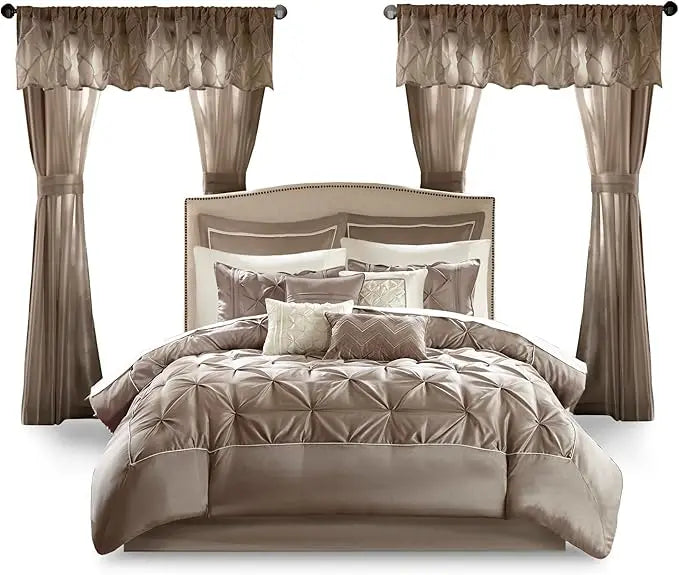Diamond Tufting Faux Silk Comforter Set with Matching Curtains